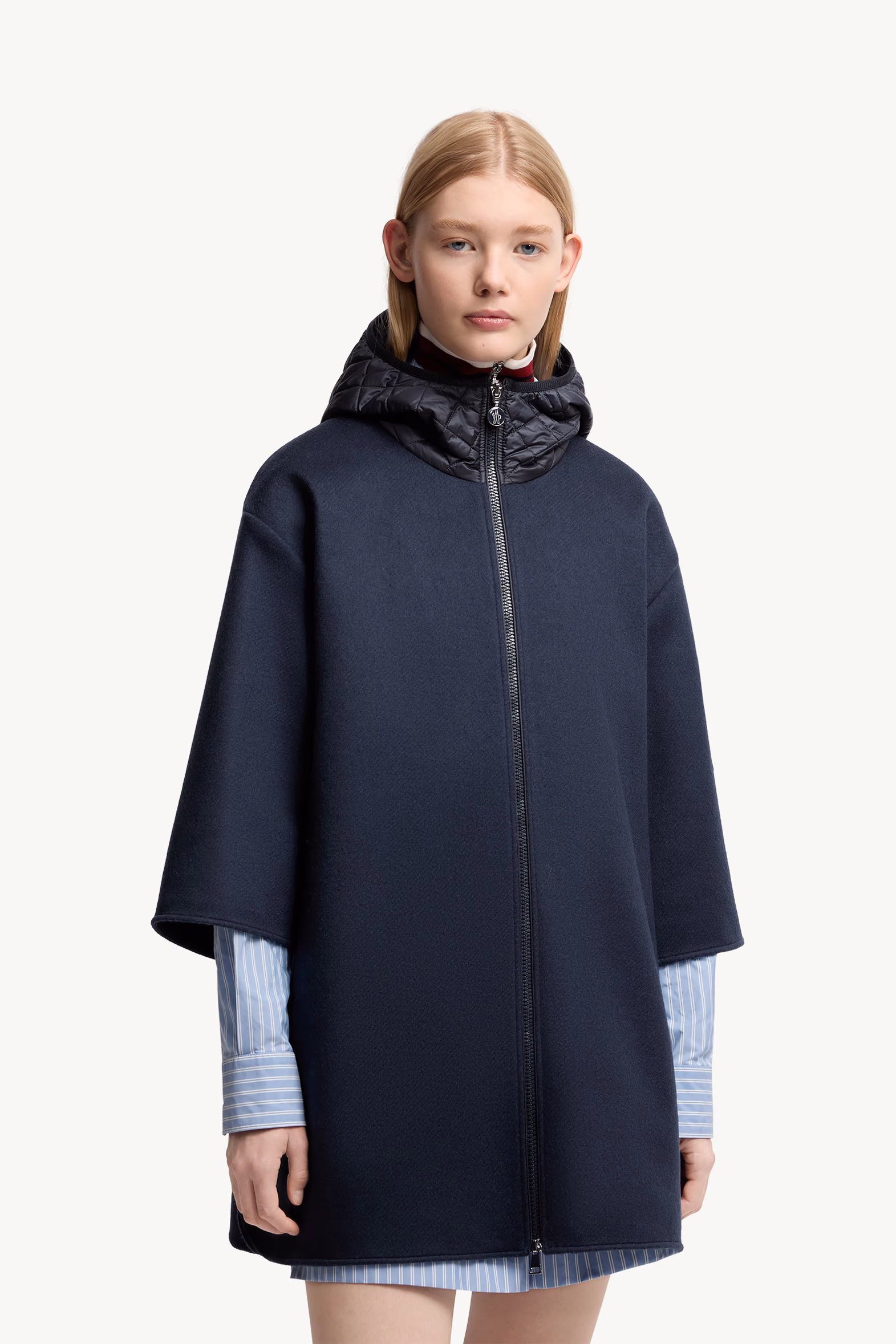 Wool Hooded Zip-Up Cape Women Dark Blue Moncler 3